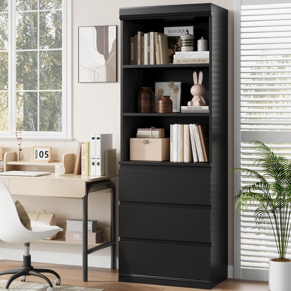 Kojooin 70 in Bookcase with 3 Drawers, Tall Wooden Storage Cabinet with Open Shelves for Library, Office or Living Room