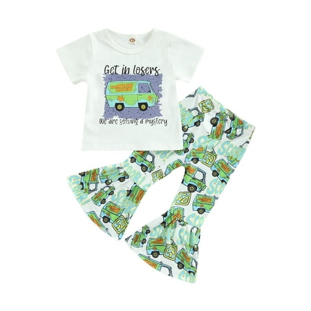

Sunisery Toddler Baby Girl St Patrick Clothes Set Car Letter Print Short Sleeve T-shirt and Elastic Four-leaf Clover Flare Pants Set Summer Outfit