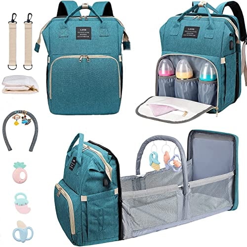 Mochila pañales, Bolso con cambio, barra juguetes, Gran capacidad, Oxford 900d, Puerto USB, 3 Juguetes, Regalos mamá en verde