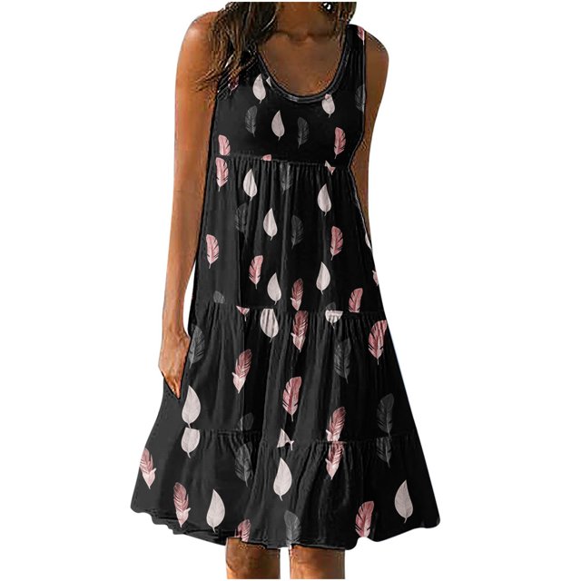 Vestido de playa de fiesta de cuello redondo estampado sin mangas de verano de vacaciones de moda para mujer Pompotops ghjkhdj4642
