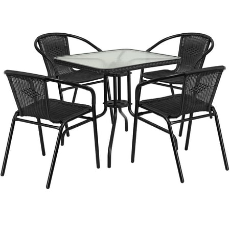 Garden Table And Chairs Rattan Effect Flash Furniture 28'' Square Glass Metal Table with Rattan Edging and 4 Black Rattan Stack Chairs, Multiple Colors ()