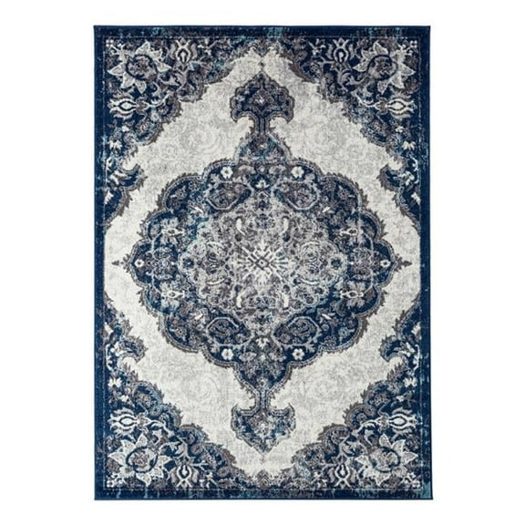 HomeRoots 531908 4 x 6 ft. Blue & Grey Medallion Power Loom Rectangle Area Rug
