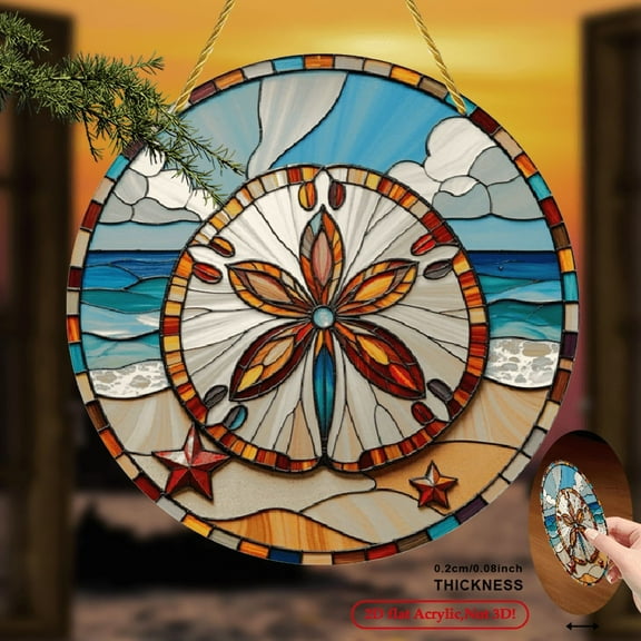 2D Flat, 1pc Acrylic Suncatcher Stained Glass Style Beach Scene Sand Dollar Design with Vibrant Colors, Window Hanging Art for Home , No Electricity Needed Sunlight Reflection Wall  8*8inch