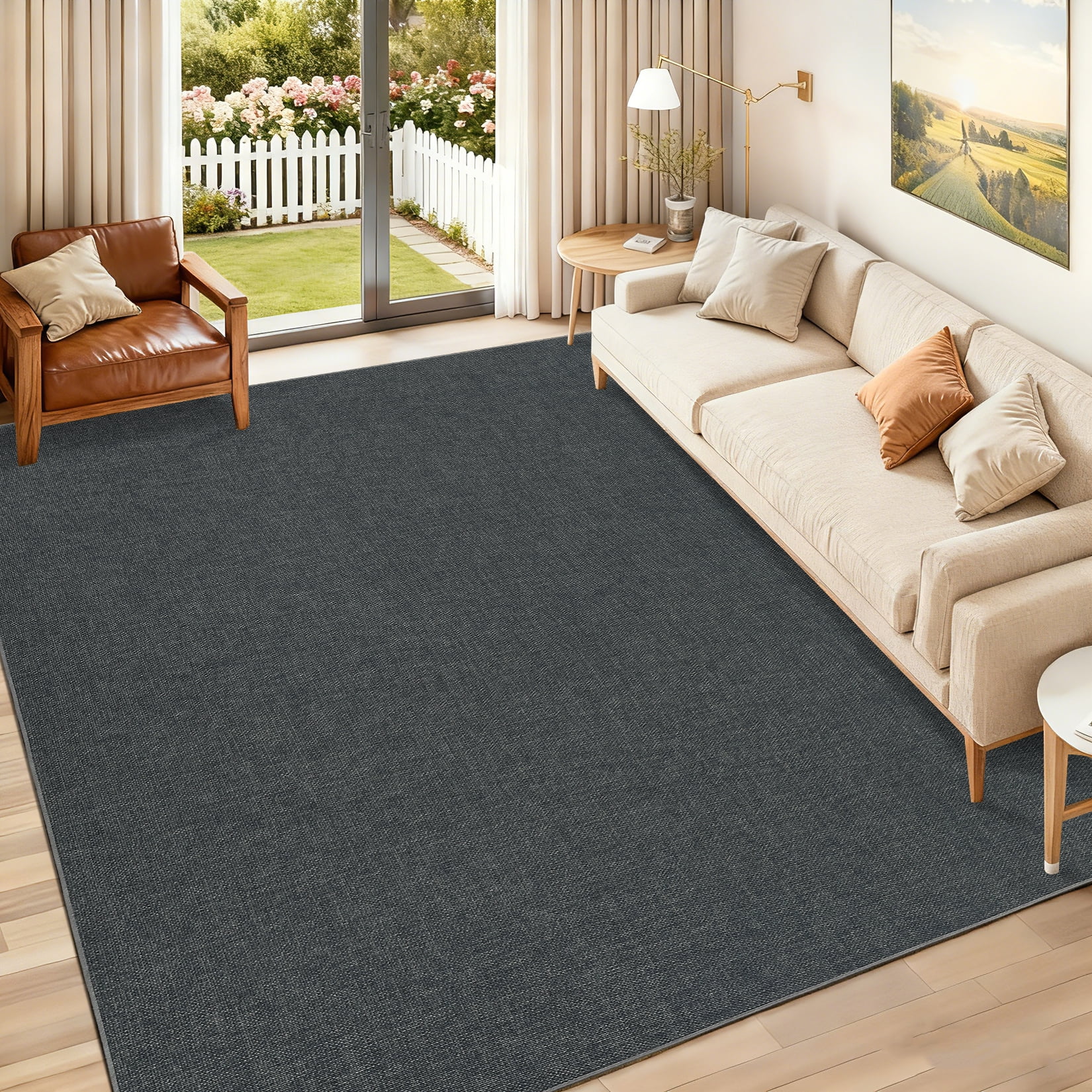Garvee 8'x10' Modern Solid Color Area Rug Minimalist Woven Textured Carpet, Washable Rug Non Slip Low Pile Indoor Mats for Living Room Bedroom Dining Room, Black Gray