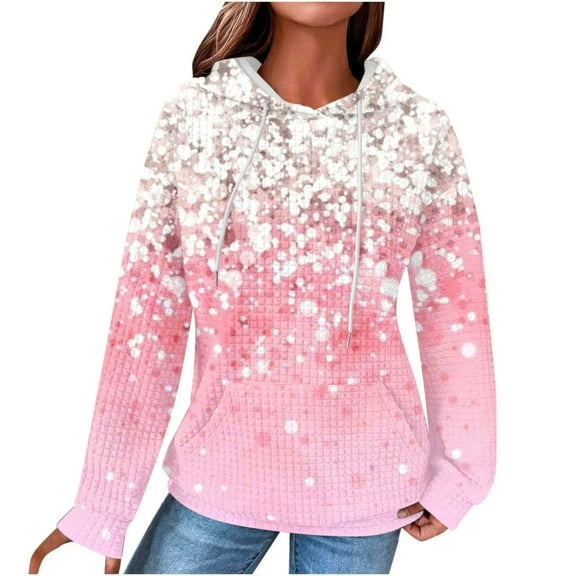 Waffle Knit Hoodies for Women Plus Color Block Sequin Floral Print Oversize Sweatshirts Drawstring Casual Pullover(White,XL)