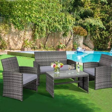 Costway 4 Steel Functional Outdoor Conversation Sets with Loveseat and Chairs, Gray