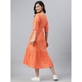 thumbnail image 4 of Janasya Summer Round Neck Half Sleeve Woven Design Orange Cotton Tiered Midi Dress For Women, 4 of 5
