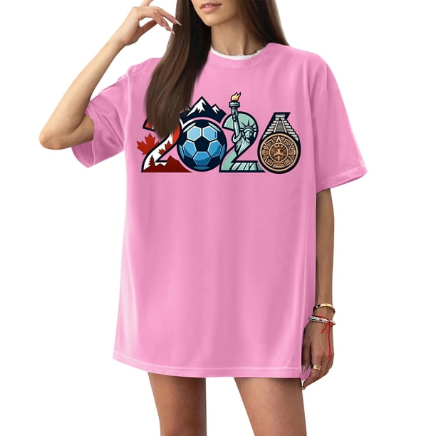 Women's Football Graphic T-Shirt, Women's Soccer Letter Print Short Sleeve T-Shirt - Casual Summer Neck Top for Sports Fans, Everyday Wear for Soccer Tournament 2026 Pink Size: L