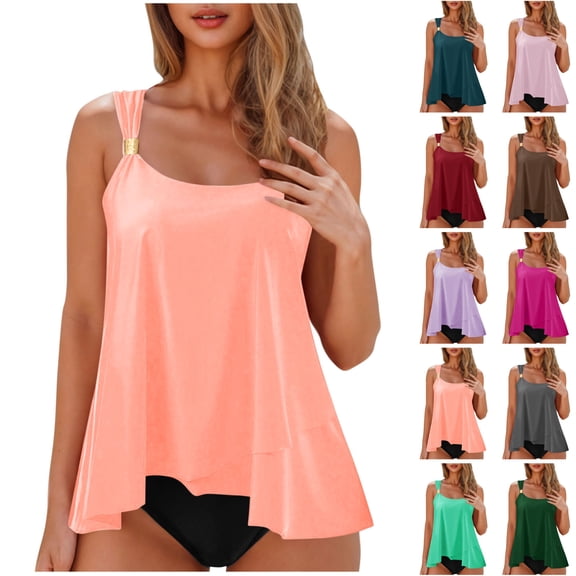 LIBRCLO Tankini Swimsuits for Women Shorts and Crew Neck Ruffle Tank Tops with Chest Cushion No Steel Support Fashion Summer Backless Strap Bathing Suits