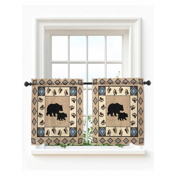 Farmhouse Bear Tier Curtains 24 Inch Length,Sheer Curtains for Bedroom Living Room Window Country Vintage Animals Paw Print Brown Voile Drapes Kitchen Curtains Small Half Window 27.5"x24" 2 Panels