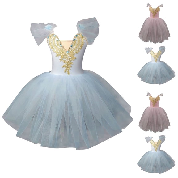 Agkizg Girls Dance Dress Sleeveless V-Neck Mesh Tiered Tutus Performance Gown Comfortable Fitting Dress,Sizes 11-12 Years