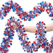 52.5 Ft Patriotic Glitter Tinsel Garland Decoration, Red White Blue Star Metallic Tinsel Twist Garland,4th of July Decor Parade Golf Cart Shiny Tinsel for Car Bike Independence Day Memorial Day Decor