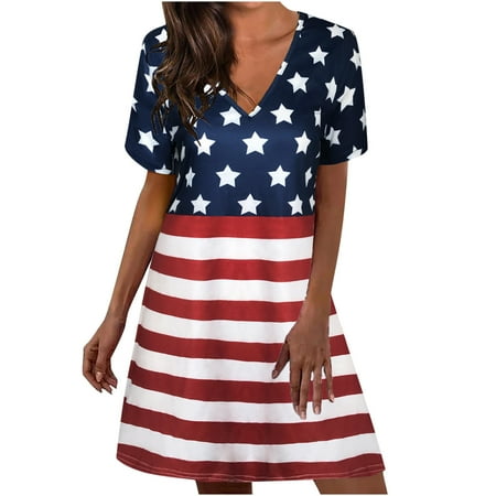 

Juebong Women s Casual V Neck Independence Day Print Loose Short Sleeve Dress