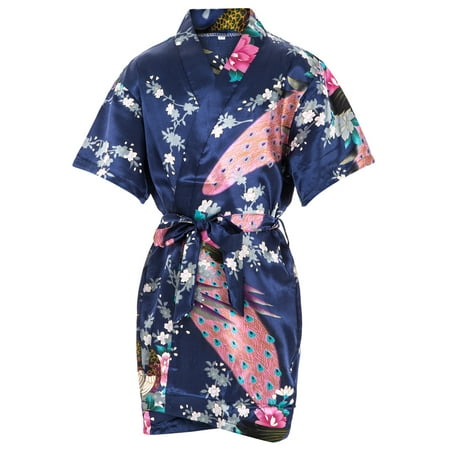 Mr & Mrs Right Kids Satin Floral Kimono Robe Flower Girl Bathrobes for Wedding Spa Party Gifts Bridal Lingerie Sleepwear Bathrobe Peacock
