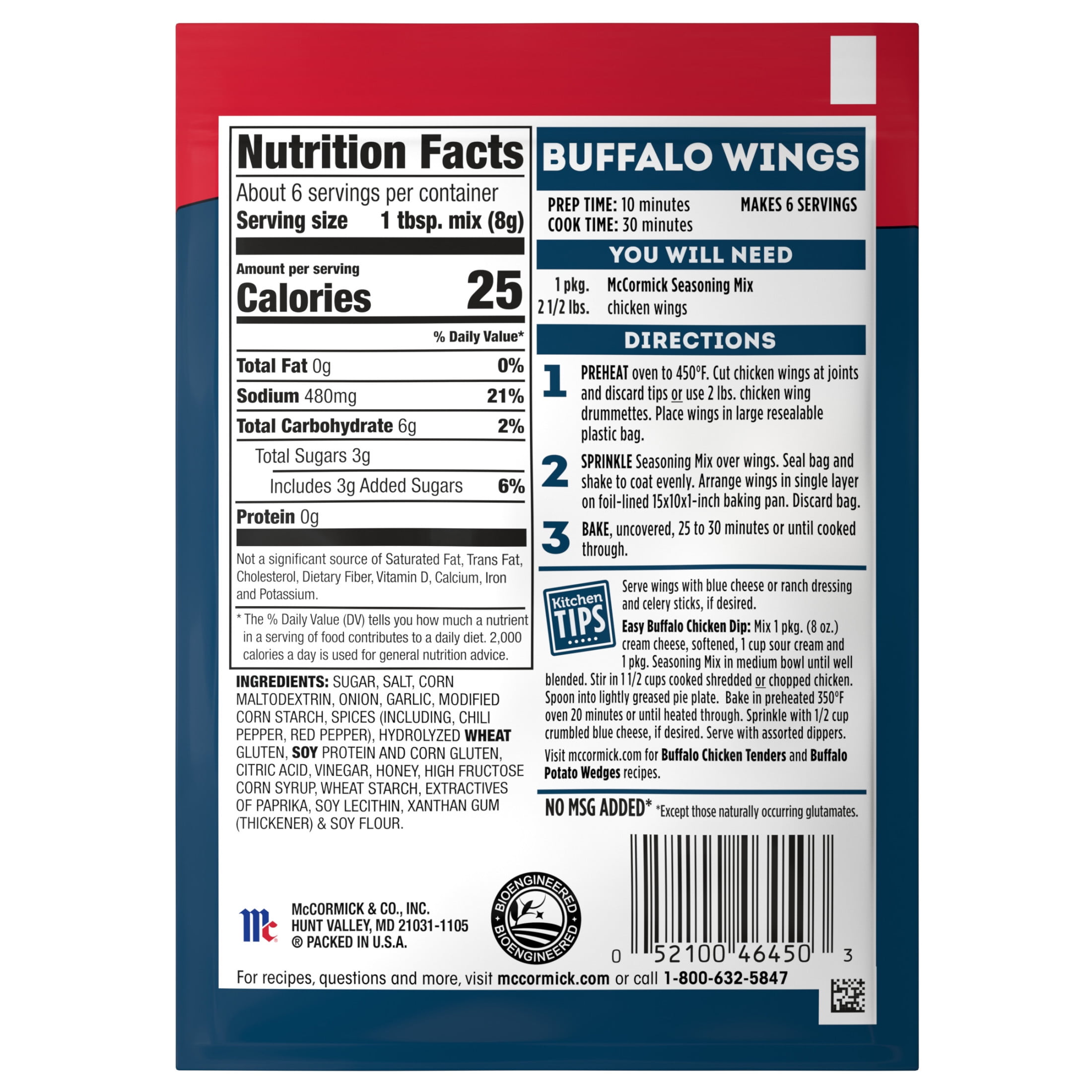 McCormick Original Buffalo Wings Seasoning Mix, 1.6 oz Packet