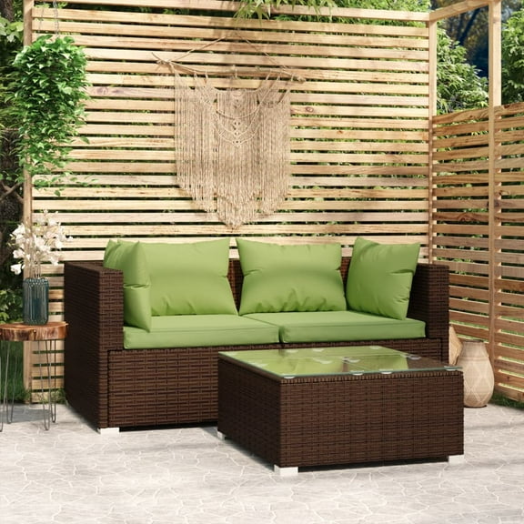 vidaXL 3 Piece Patio Lounge Set with Cushions Brown Poly Rattan