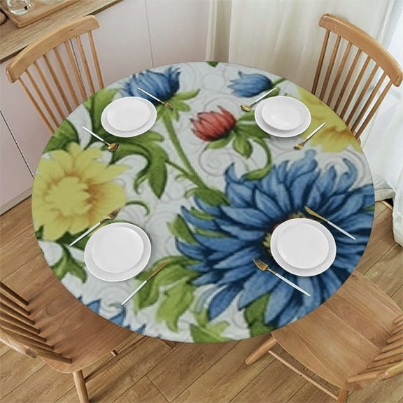 HAOXIT Blue White Tablecloth Waterproof, French Country Bordered Round Table Cloth, Washable Table Cover for Kitchen Dining Party Decor 31-35