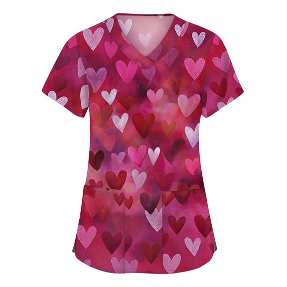 Lumtrix Valentines Scrubs for Women V Neck Cute Printed Tops Plus Size Medical Shirt Soft Casual Side Slit Nursing Uniform with Pockets Hot Pink 5XL