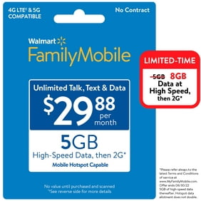 Walmart Family Mobile $29.88 Unlimited Monthly Plan (4GB at high speed, then 2G*) w Mobile Hotspot Capable
