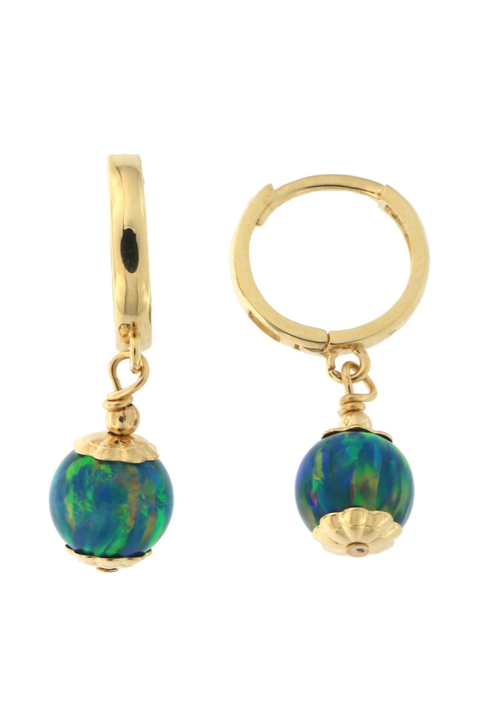 14k Yellow Gold 7mm Simulated Opal Huggie Dangle Earrings by