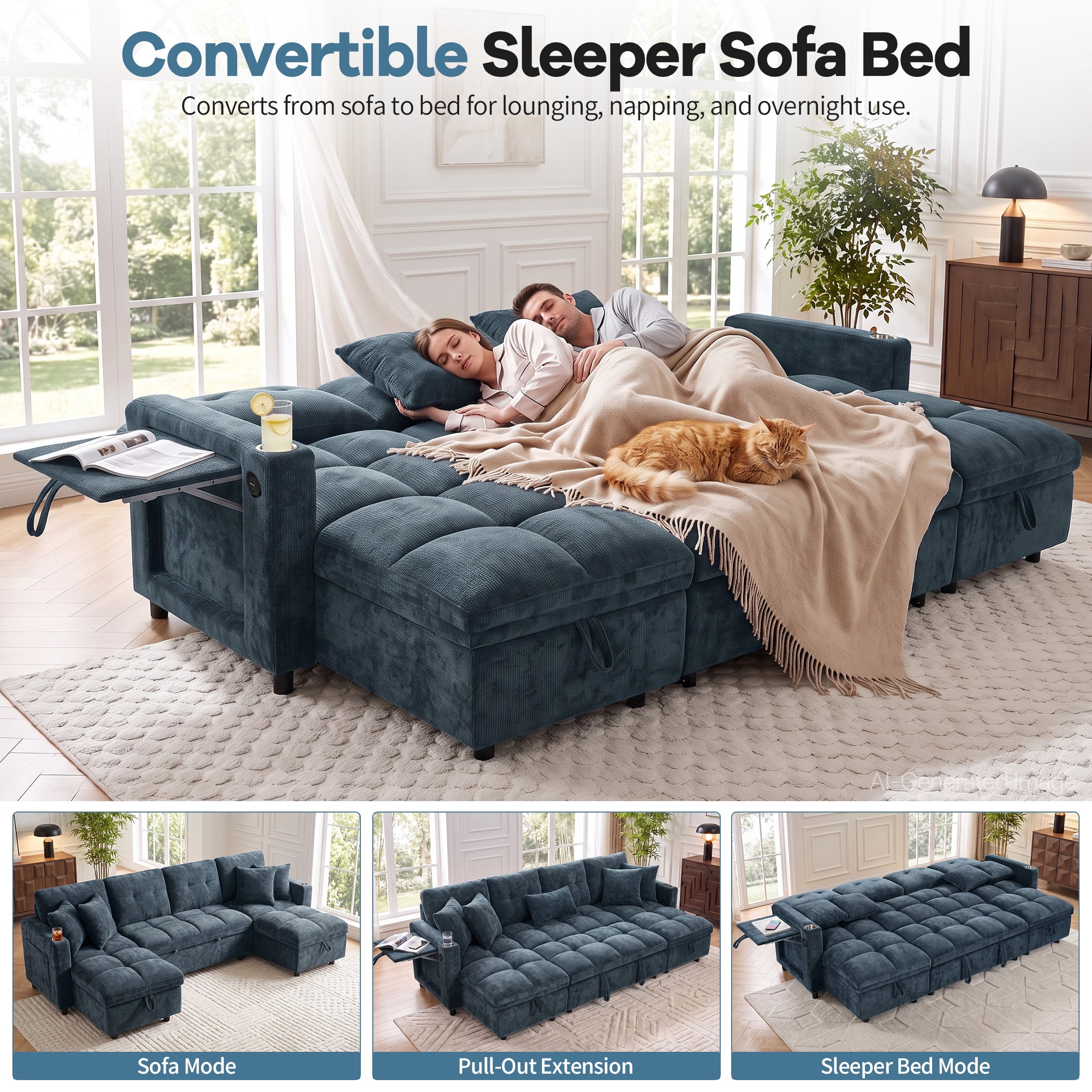 Aenkyo 108" Chenille U-Shaped Sectional Pull Out Sofa Bed with Dual Storage Chaises, Blue