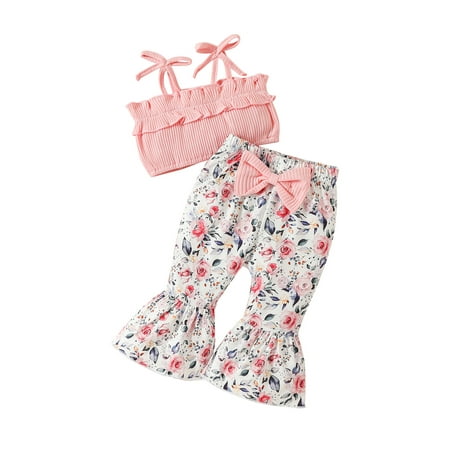 

2pcs Newborn Baby Girl Pants Set Sleeveless Ribbed Cropped Tops + Flare Trousers Summer Outfits
