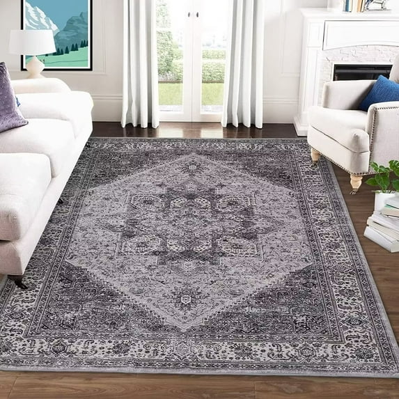 ZACOO 5'x7' Washable Rug Antique Gray Distressed Indoor Floor Cover Low Pile Lightweight Distressed Carpet Living Room Bedroom Dining Room Accent Carpet