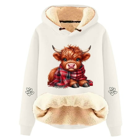 Luwomo Hoodies for Womens Pullover Cartoon Cow Print Fashion Hooded Long Sleeve Sweatshirt Cozy Streetwear Relaxed Fit Blouses Beige4 3XL