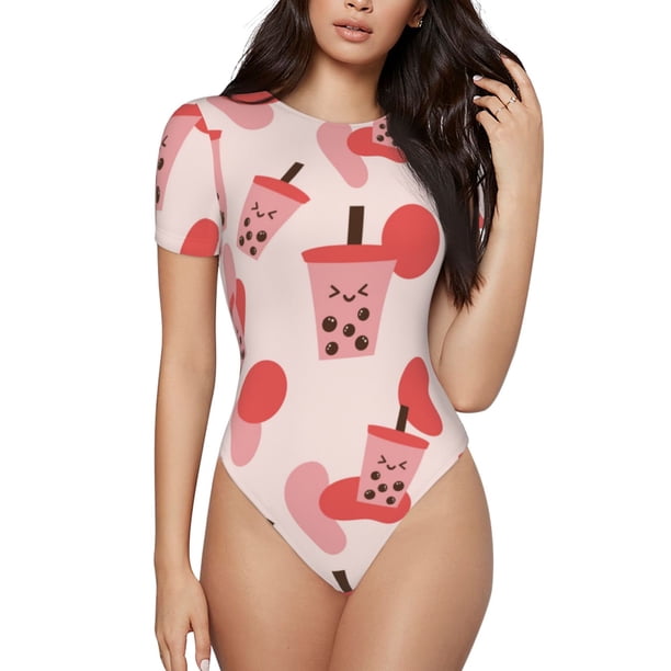 Fotbe Milk Tea Body de Mujer con Cuello Redondo y Mangas Cortas, Sin Mangas Ajustado, Suave, Cómodo y Básico-X-Large