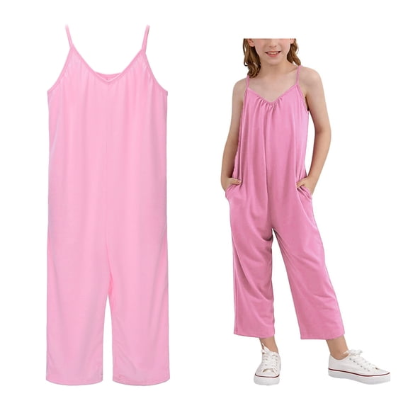 Kids Jumpsuit Sleeveless Wide Leg Overalls Pants with Pockets School Girl Outfit 6-7 Years