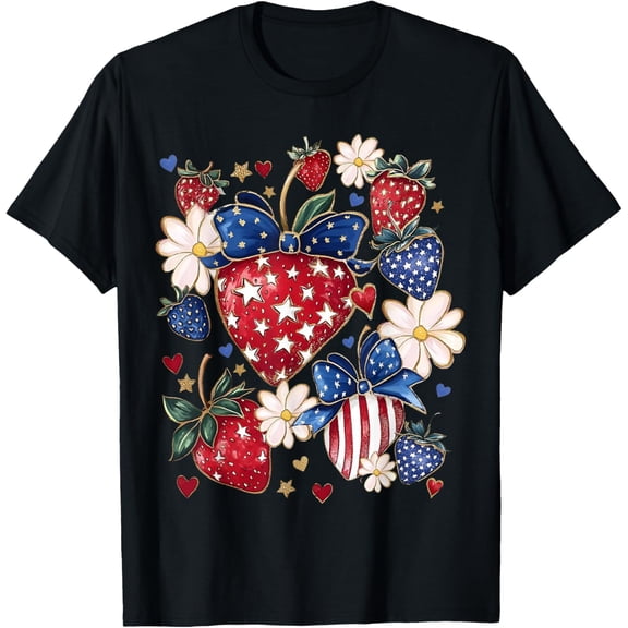 American Flag Strawberry Coquette Bow 4Th Of July T-Shirt Unisex S-5XL Hot Trending Shirt, Vintage Birthday Gift