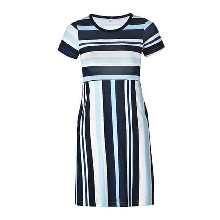 

DNDKILG Baby Toddler Girl Short Sleeve Dress Summer Striped Dresses Sundress Blue 2Y-6Y 140