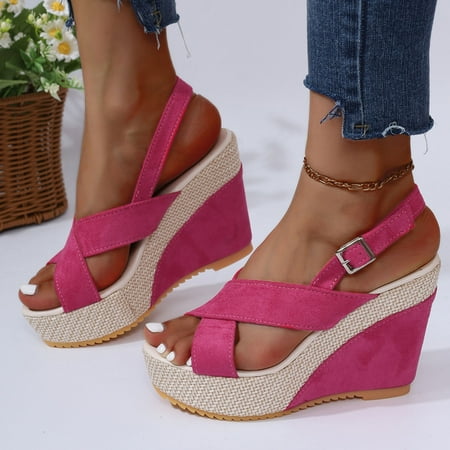 

YOUSNH Ladies Simple Solid Colour Slope Heel One Buckle Strap Fish Mouth Straw Bottom Suede Polished High Heel Large Size Sandals Shoes Woman 2024 Trend Hot Pink 8(40)
