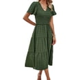 thumbnail image 3 of Women Sundress Summer Floral Short Sleeve Wrap V Neck A-Line Midi Dress Green S, 3 of 8