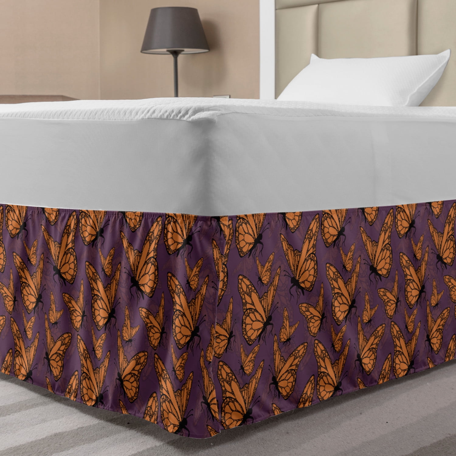 Butterfly Bed Skirt, Continuous Dark Orange Tone Insects with Dotted