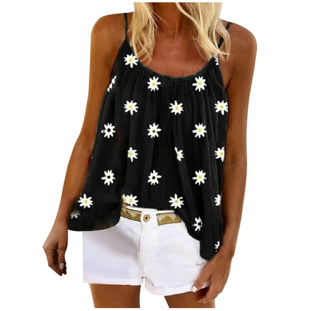 Moda mujer verano estampado Casual sin mangas cuello redondo chaleco Camis blusa Tops Fridja qr4323