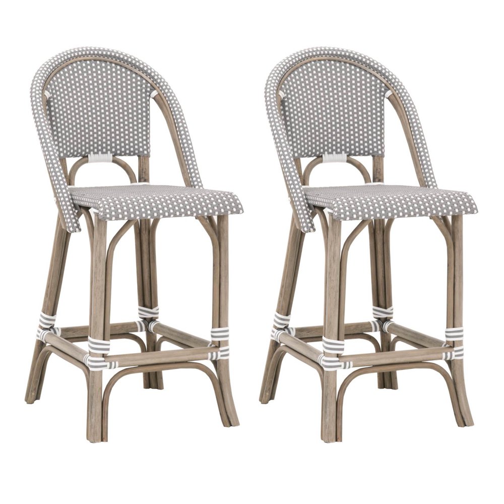 Rattan Counter Stool with Plastic Woven Seating, Set of 2, White and