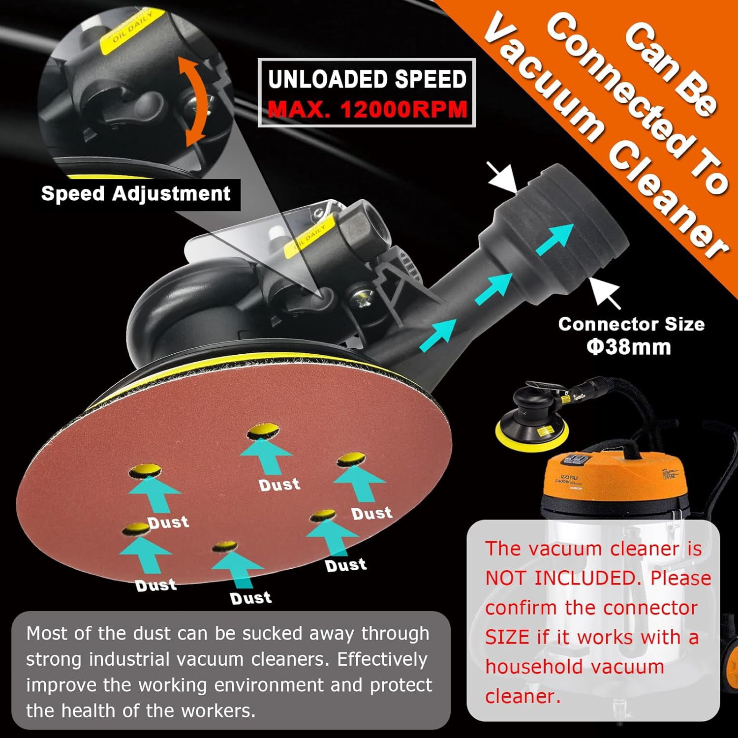 Professional Air Random Orbital Sander, 6 inch Dual Action Pneumatic Sander Suitable for Heavy Duty and Connect to Vacuum Cleaner