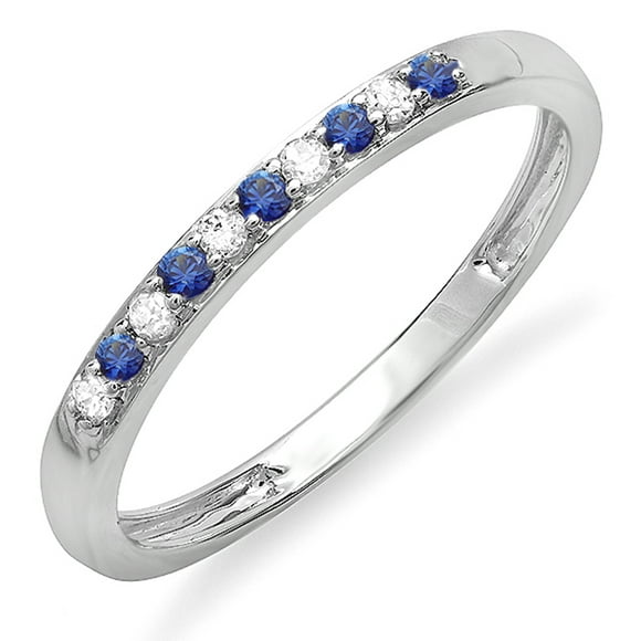 10K White Gold Round Blue Sapphire And White Diamond Ladies Anniversary Wedding Matching Stackable Band