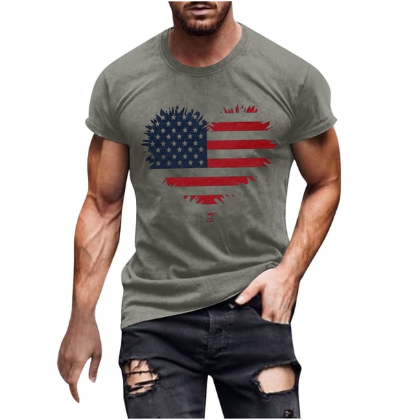 Mens Casual Manga Corta Botón Abajo Camisetas Estados Unidos Bandera Impresión Cuello Redondo Suéter Camiseta, Poliéster Casual Uso Diario para Hombres
