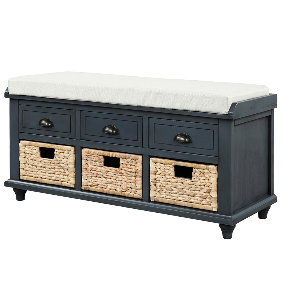 Lowestbest Shoe Bench with Removable Cushion, Rustic Storage Bench with 3 Drawers and 3 Rattan Baskets (Navy) Lowestbest Shoe Bench with Removable Cushion, Rustic Storage Bench with 3 Drawers and 3 Rattan Baskets (Navy)