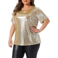 thumbnail image 4 of Plus Size Metallic Top for Women Keyhole Round Neck Short Sleeve t Shirt Party Blouses Tee Top 3X Champagne, 4 of 6