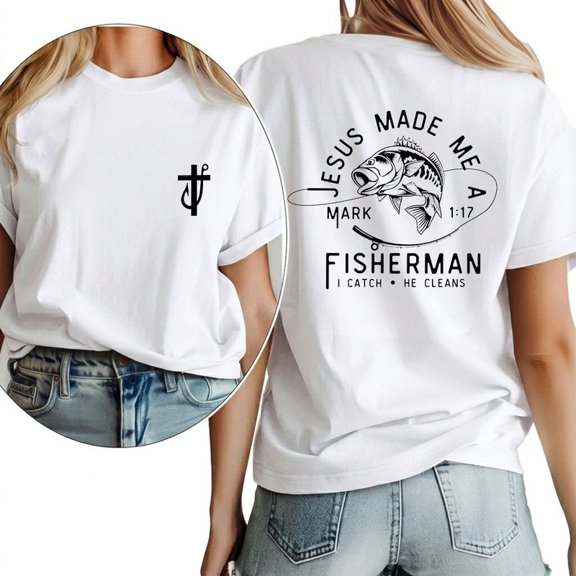 UNISHE Jesus Made Me A Fisherman Minimalist Fish Line Art Tee Womens White Cotton Graphic Shirt