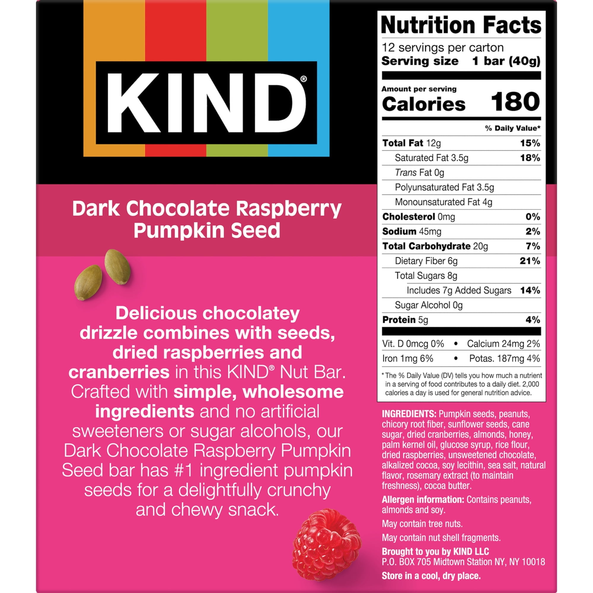 4 PACK KIND Seeds Fruit & Nuts Snack Bar, Dark Chocolate Raspberry Pumpkin Seed, 1.4 oz, 12 Count