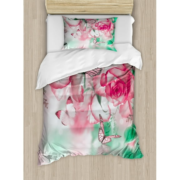 Spring Duvet Cover Set, Refreshing Rose Petals and Butterfly Water Romance Beauty Bouquet Design, Decorative 2 Piece Bedding Set with 1 Pillow Shams, Twin Size, Jade Green Pale Pink, by Ambesonne