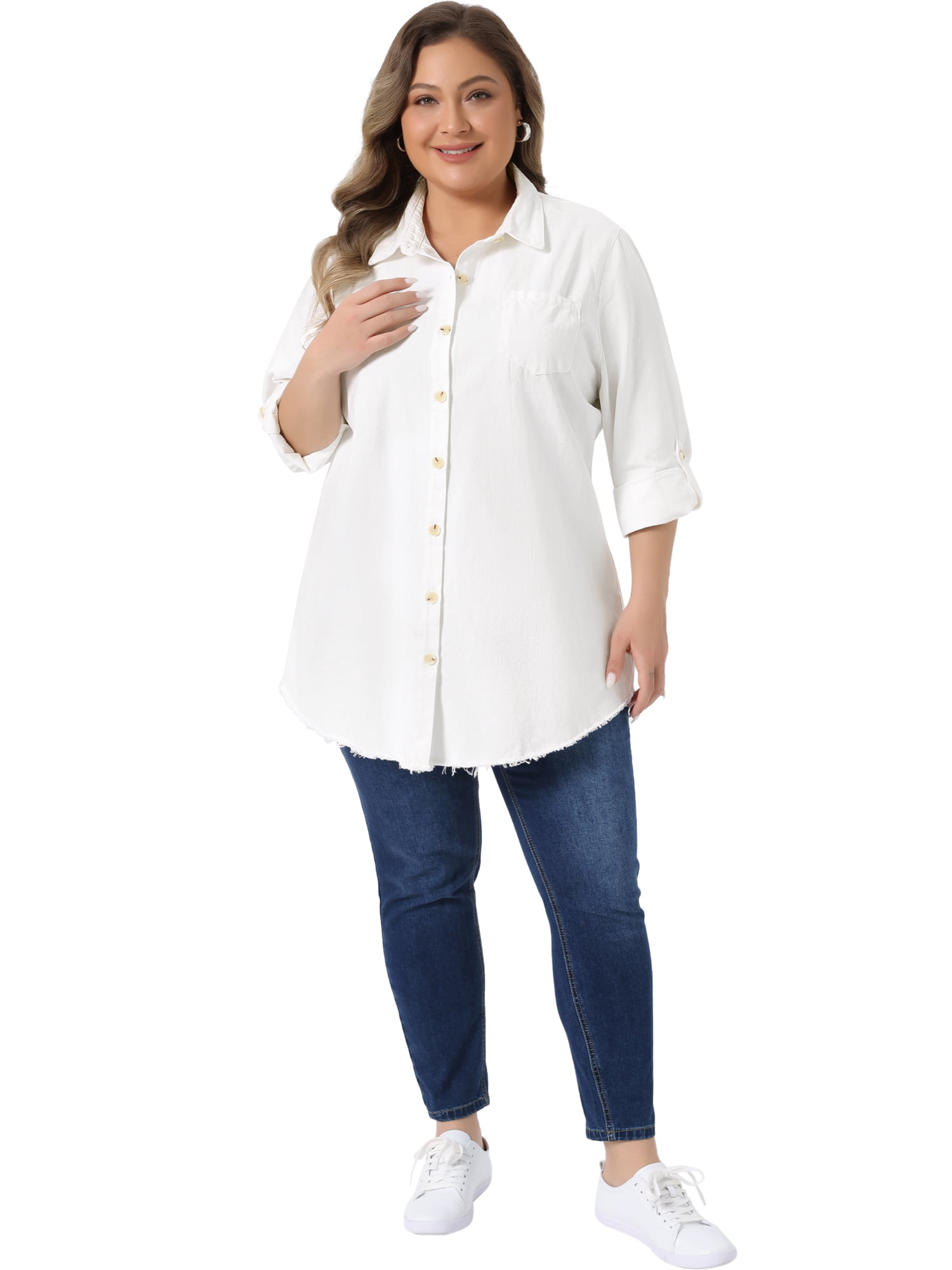 DARING DIVA Women's Plus Size Chambray Top Button Down Denim Tops 2X White