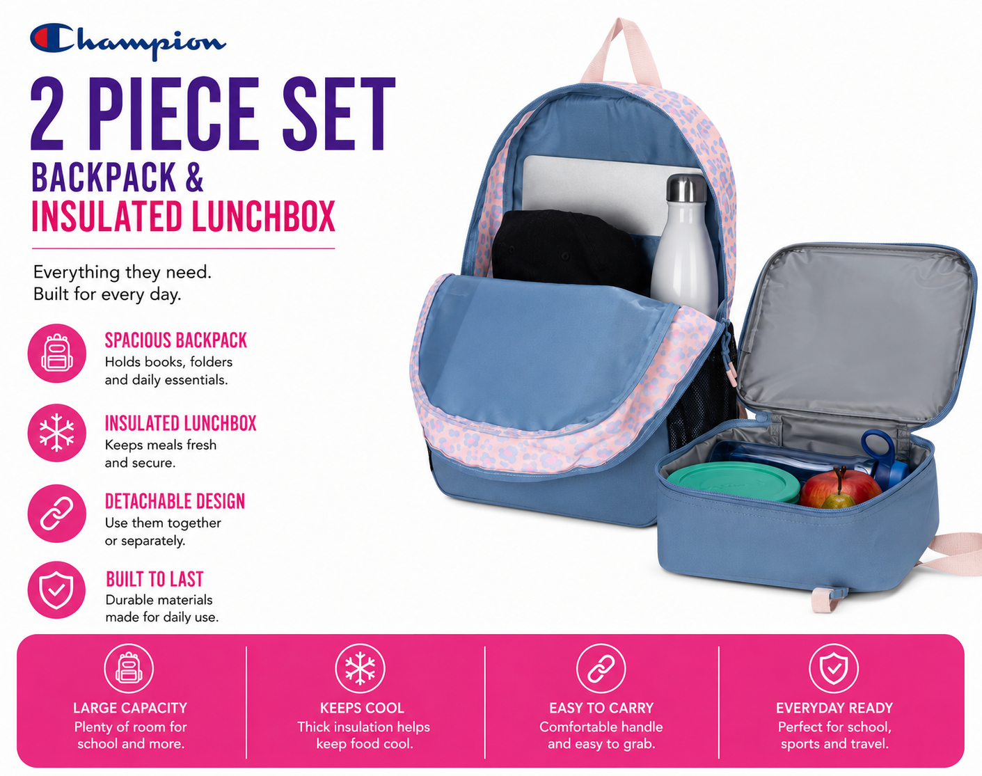 Set de mochila escolar para niños y niñas con lonchera desmontable - 2 piezas (17") 5