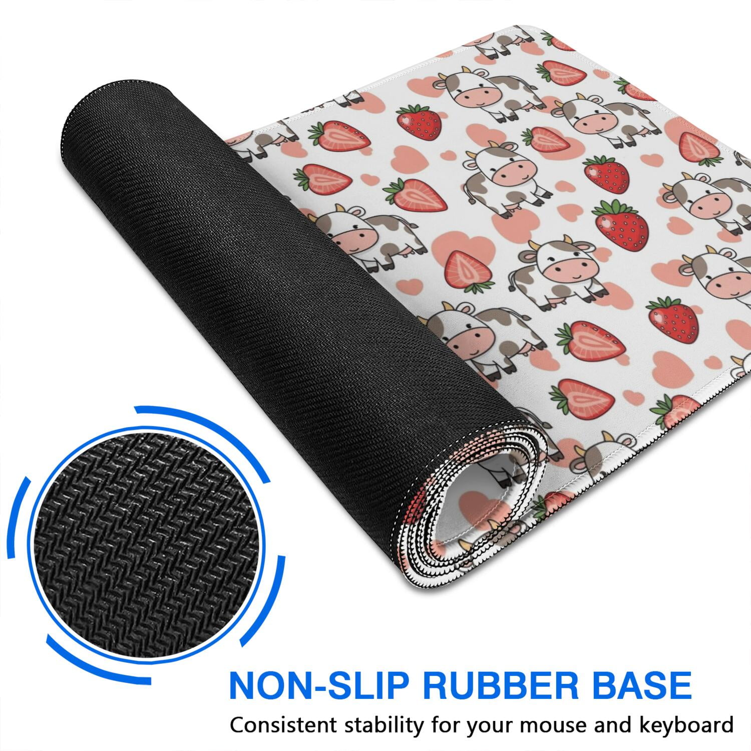 Long Mouse Pads for Desk,White Cow Strawberry Heart Pattern Desk Mats on Top Of Desks, Desk Mouse Pad Extra Large with 3mm Non-Slip Base and Stitched Edge for Gaming,Office,Work,Home 31.5"x15.7"