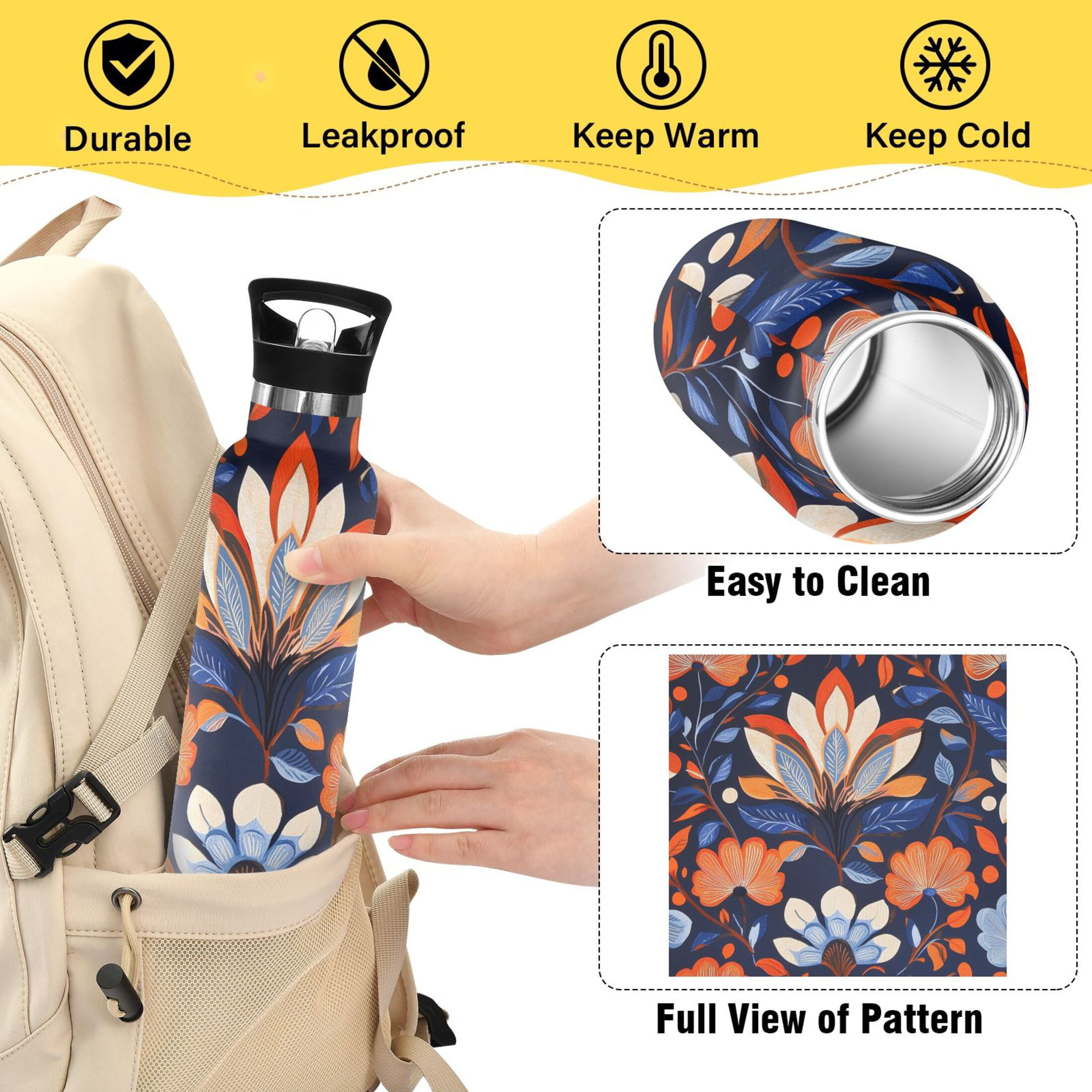 600ML Stainless Steel Insulated Cup Sports Water Bottle Portable Thermos Cup Water Glasses Insulated Tumblers Convenient and Durable Beautiful Orange Flowers