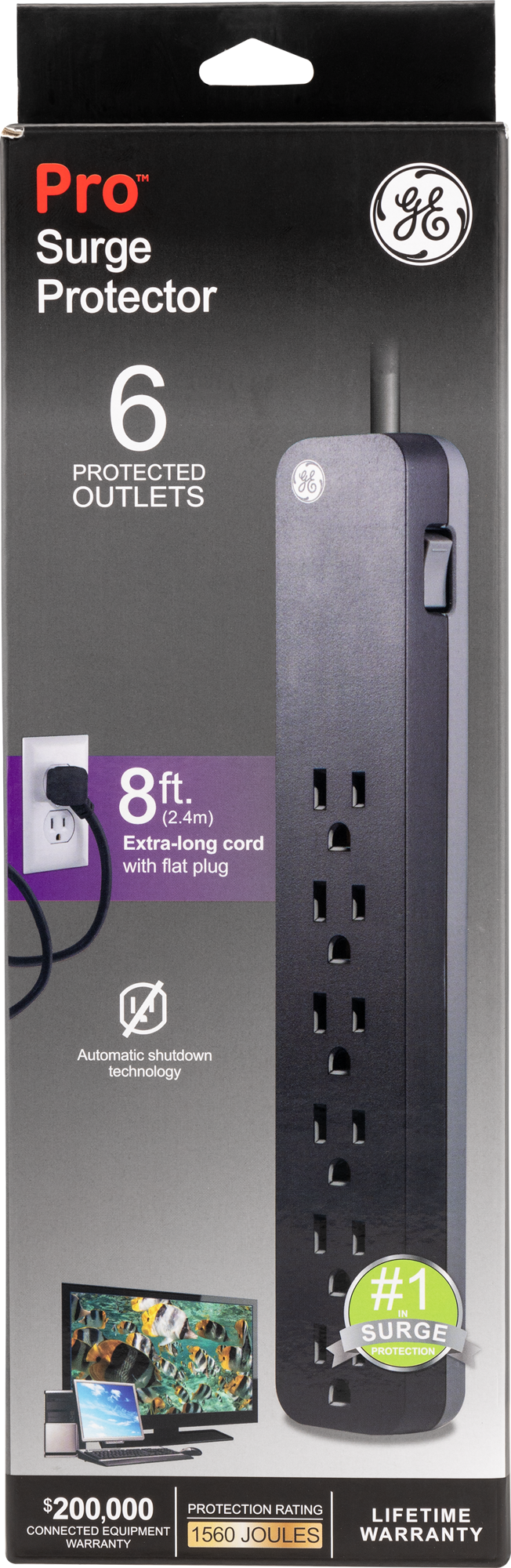 GE 6-Outlet Surge Protector Power Strip, 8 ft, Black photo 2